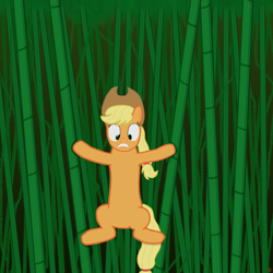 Size: 4000x4000 | Tagged: safe, artist:devfield, character:applejack, species:pony, absurd resolution, bamboo, female, holding on, jungle, scared, solo, vine