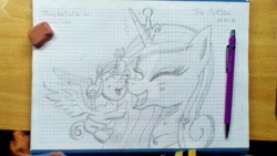 Size: 1024x576 | Tagged: safe, artist:susanzx2000, character:princess cadance, character:princess flurry heart, species:alicorn, species:pony, inktober, cute, graph paper, lineart, mom and baby, smiley face, traditional art