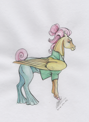 Size: 1024x1389 | Tagged: safe, artist:sagastuff94, character:fluttershy, species:pegasus, species:pony, episode:fake it 'til you make it, alternate hairstyle, clothing, female, hair bun, hoers, mare, profile, realistic anatomy, realistic horse legs, scowl, severeshy, signature, simple background, solo, tail bun, traditional art, white background
