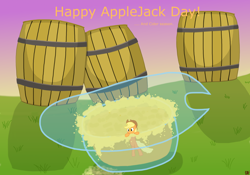 Size: 5000x3500 | Tagged: safe, artist:devfield, character:applejack, species:pony, absurd resolution, applejack day, barrel, cider, female, field, glass, gradient background, grass, partially submerged, simple shading, solo