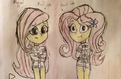 Size: 3418x2240 | Tagged: safe, artist:michaelmaddox222, character:fluttershy, species:human, my little pony:equestria girls, bondage, butterfly, colored, colored pencil drawing, cute, female, front view, lined paper, looking at you, looking down, pencil drawing, rear view, restrained, signature, solo, straitjacket, straps, traditional art
