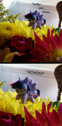 Size: 1000x2019 | Tagged: safe, artist:tinyequine, character:twilight sparkle, character:twilight sparkle (alicorn), species:alicorn, species:pony, allergies, bouquet, cute, female, flower, irl, micro, photo, plushie, sneezing, solo, text, twiabetes