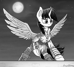 Size: 2200x2000 | Tagged: safe, artist:adagiostring, character:twilight sparkle, character:twilight sparkle (alicorn), species:alicorn, species:pony, assassin's creed, clothing, crossover, ear fluff, female, full moon, grayscale, manga, mare, monochrome, moon, solo, spread wings, wings