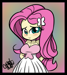 Size: 750x850 | Tagged: safe, artist:comet0ne, character:fluttershy, my little pony:equestria girls, abstract background, big breasts, blushing, breasts, busty fluttershy, cleavage, clothing, cute, dress, female, hands behind back, looking at you, shyabetes, smiling, solo