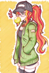 Size: 2286x3378 | Tagged: safe, artist:dragonemperror2810, character:sunset shimmer, species:human, my little pony:equestria girls, bubblegum, choker, clothing, collar, female, food, gum, hat, hoodie, humanized, solo