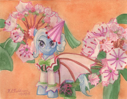 Size: 3286x2555 | Tagged: safe, artist:kelseyleah, character:trixie, species:pony, clothing, dress, female, flower, mountain laurel, solo, traditional art