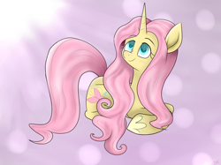 Size: 1024x764 | Tagged: safe, artist:envygirl95, character:fluttershy, species:pony, species:unicorn, g5 leak, leak, abstract background, female, fluttershy (g5), looking at something, looking up, mare, prone, smiling, solo, unicorn fluttershy