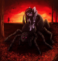 Size: 1533x1613 | Tagged: safe, artist:hagalazka, oc, oc only, oc:whisper quill, species:pegasus, species:pony, commission, giant spider, happy, red sky, solo, tree