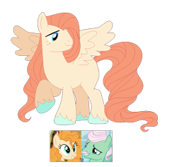 Size: 739x697 | Tagged: safe, artist:hazardous-andy, base used, character:gentle breeze, character:pear butter, oc, parent:gentle breeze, parent:pear butter, species:pegasus, species:pony, blank flank, colored hooves, female, freckles, gentlepear, long mane, long tail, male, offspring, parent swap au, parents:gentlepear, raised hoof, shipping, simple background, solo, spread wings, stallion, straight, transparent background, unshorn fetlocks, wings