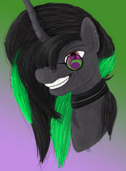 Size: 1024x1393 | Tagged: safe, artist:overlord pony, oc, oc only, species:pony, species:unicorn, abstract background, bust, choker, female, glasses, grin, horn, smiling, unicorn oc