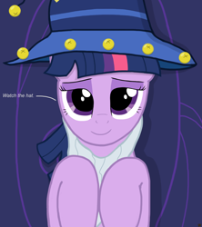 Size: 4000x4500 | Tagged: safe, artist:devfield, character:twilight sparkle, species:pony, absurd resolution, bed, bedroom eyes, clothing, costume, fake beard, fourth wall, hat, looking at you, lying down, nightmare night, on back, shadow, star swirl the bearded costume, stupid sexy twilight, text, this will end in cuddles