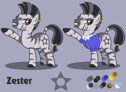 Size: 1100x800 | Tagged: safe, artist:lightning stripe, derpibooru original, oc, oc only, oc:zester, species:pony, species:zebra, bow tie, brown eyes, buttons, clothing, cutie mark, ear piercing, earring, eyelashes, female, gray, gray background, jewelry, mare, piercing, reference sheet, shit eating grin, show accurate, simple background, solo, striped mane, stripes, suit, zebra oc