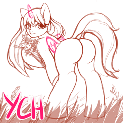 Size: 2048x2048 | Tagged: safe, artist:yasuokakitsune, oc, species:alicorn, species:pony, advertisement, commission, flower, grass, grass field, looking at you, looking back, plot, smiling, solo, ych example, your character here
