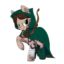 Size: 2000x2000 | Tagged: safe, artist:inkie-heart, oc, oc only, species:pony, archer, bandage, bandaged leg, belt, bow (weapon), brown hair, buck legacy, cloak, clothing, dirty, fantasy class, green eyes, leather boots, looking at you, ponytail, ranger, scar, scarred, simple background, solo, tattoo, transparent background, tribal tattoo, weapon