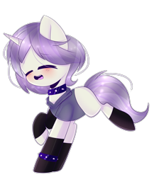 Size: 3589x4000 | Tagged: safe, artist:twily-star, oc, oc only, oc:aesthetic adore, parent:inky rose, parent:lily lace, parents:inky lace, species:pony, species:unicorn, icey-verse, black socks, blushing, chibi, choker, clothing, commission, cute, eyes closed, female, hoodie, magical lesbian spawn, mare, next generation, offspring, open mouth, raised hoof, running, socks, solo, spiked choker, spiked wristband, wristband