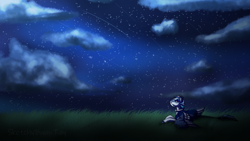 Size: 1024x576 | Tagged: safe, artist:sketchthebluepegasus, oc, species:pegasus, species:pony, grass, meteor shower, night, prone, sky, solo, stars