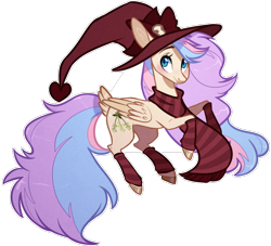 Size: 1008x914 | Tagged: safe, artist:sararini, oc, oc:hickety pickety, parent:fluttershy, parent:rainbow dash, parents:flutterdash, species:pony, clothing, hat, magical lesbian spawn, offspring, scarf, simple background, socks, solo, striped socks, transparent background, witch hat