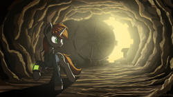 Size: 1280x720 | Tagged: safe, artist:adagiostring, oc, oc only, oc:littlepip, species:pony, species:unicorn, fallout equestria, bone, bright, cave, clothing, fanfic, fanfic art, female, hooves, horn, leaving, looking back, mare, open mouth, pipbuck, raised hoof, skeleton, solo, stable, stable 2, stable door, suit, vault suit