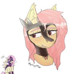 Size: 700x720 | Tagged: safe, artist:itzdatag0ndray, character:flutterbat, character:fluttershy, character:king sombra, species:bat pony, armor, bat ponified, ear fluff, race swap, redraw, simple background, smiling, smirk, white background