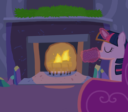 Size: 4000x3500 | Tagged: safe, artist:devfield, character:twilight sparkle, species:pony, chocolate, couch, crystal, cup, drink, female, fire, fireplace, food, glow, glowing horn, hot chocolate, levitation, log, magic, redo, shading, solo, telekinesis, text, twilight's castle