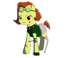 Size: 3600x2700 | Tagged: safe, artist:dumbwoofer, oc, oc:trippo, species:pony, fallout equestria, amputee, angry, armor, blood, clothing, collar, female, goggles, knife, mare, mean, prosthetic limb, prosthetics, raider, scar, spikes, vest