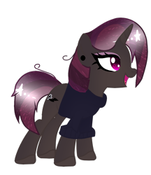 Size: 1001x1161 | Tagged: safe, artist:anisa-mlp222, artist:space--paws0w0, base used, oc, oc only, oc:dark nebula, parent:moondancer, parent:oc:nocturne scroll, species:pony, species:unicorn, icey-verse, clothing, commission, ear piercing, earring, eyeshadow, female, jewelry, magical lesbian spawn, makeup, mare, next generation, offspring, open mouth, parents:moonscroll, piercing, simple background, solo, sweater, tongue piercing, transparent background