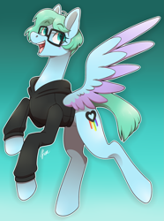 Size: 1917x2572 | Tagged: safe, artist:polymercorgi, oc, species:pegasus, species:pony, clothing, female, glasses, hoodie, mare, solo, two toned wings