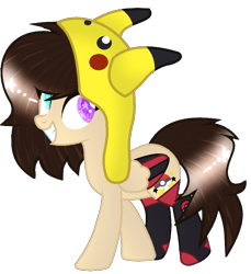Size: 791x865 | Tagged: safe, artist:space--paws0w0, oc, oc only, oc:asheley, species:pegasus, species:pony, clothing, colored wings, crossover, female, hat, heterochromia, mare, multicolored wings, nintendo, pikachu, pokéball, pokémon, simple background, socks, solo, thigh highs, transparent background