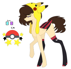 Size: 1741x1693 | Tagged: safe, artist:space--paws0w0, oc, oc only, oc:asheley, species:pegasus, species:pony, clothing, colored wings, crossover, female, hat, heterochromia, mare, multicolored wings, nintendo, pikachu, pokéball, pokémon, raised hoof, simple background, socks, solo, thigh highs, transparent background