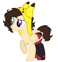 Size: 861x928 | Tagged: safe, artist:space--paws0w0, oc, oc only, oc:asheley, species:pegasus, species:pony, clothing, colored wings, crossover, female, hat, heterochromia, mare, multicolored wings, nintendo, pikachu, pokéball, pokémon, raised hoof, simple background, socks, solo, thigh highs, transparent background