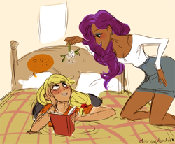 Size: 700x576 | Tagged: dead source, safe, artist:emmy, character:applejack, character:rarity, ship:rarijack, bed, blushing, book, clothing, dark skin, dialogue, female, flower, humanized, imminent kissing, lesbian, mistletoe, prone, question mark, reading, shipping, skirt, speech bubble, tan lines, tube skirt