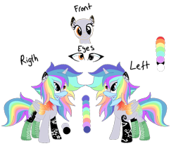 Size: 904x753 | Tagged: safe, artist:space--paws0w0, oc, oc only, oc:pastel chole, species:alicorn, species:pony, alicorn oc, bandana, boots, female, freckles, heterochromia, mare, markings, rainbow hair, reference sheet, shoes, simple background, solo, tattoo, transparent background