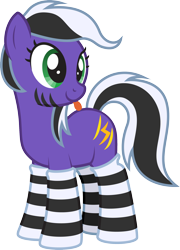 Size: 1724x2395 | Tagged: safe, artist:lightning stripe, derpibooru original, oc, oc only, oc:lightning stripe, species:earth pony, species:pony, 2019 community collab, derpibooru community collaboration, black and white mane, blep, clothing, cross-eyed, eyelashes, female, green eyes, mare, purple, show accurate, silly, simple background, socks, solo, striped socks, stripes, tongue out, transparent background, two toned mane