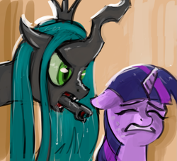 Size: 1323x1200 | Tagged: safe, artist:hardbrony, character:queen chrysalis, character:twilight sparkle, species:changeling, species:pony, alien (franchise), alien 3, alien take, changeling queen, crossover, eyes closed, female, mare, xenomorph