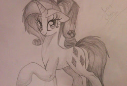 Size: 1024x697 | Tagged: safe, artist:envygirl95, character:rarity, species:pony, female, monochrome, solo, traditional art