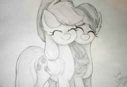 Size: 1024x707 | Tagged: safe, artist:envygirl95, character:applejack, character:coloratura, species:pony, ship:rarajack, female, lesbian, monochrome, shipping, traditional art