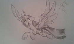 Size: 960x576 | Tagged: safe, artist:envygirl95, character:twilight sparkle, character:twilight sparkle (alicorn), species:alicorn, species:pony, eyes closed, female, flying, gray background, grayscale, happy, monochrome, open mouth, signature, simple background, solo, spread wings, traditional art, wings