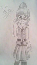 Size: 496x866 | Tagged: safe, artist:envygirl95, character:twilight sparkle, character:twilight sparkle (scitwi), species:eqg human, my little pony:equestria girls, adjusting glasses, female, glasses, gray background, grayscale, monochrome, simple background, solo, traditional art