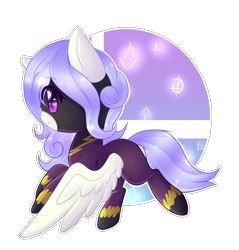 Size: 3824x4000 | Tagged: safe, artist:twily-star, oc, oc:silky feathers, parent:lily lace, parent:nightshade, parents:nightlace, species:pegasus, species:pony, icey-verse, abstract background, chibi, clothing, commission, costume, cute, female, flying, heart eyes, magical lesbian spawn, mare, next generation, ocbetes, offspring, shadowbolts, shadowbolts costume, solo, starry eyes, wingding eyes