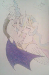 Size: 560x854 | Tagged: safe, artist:envygirl95, character:discord, character:princess celestia, species:pony, ship:dislestia, female, kissing, male, shipping, straight, traditional art