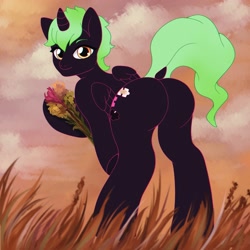 Size: 3500x3500 | Tagged: safe, artist:yasuokakitsune, oc, oc only, species:alicorn, species:pony, flower, grass, grass field, green mane, looking at you, looking back, looking back at you, sky, smiling, solo, ych result