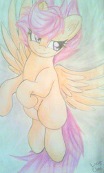 Size: 572x948 | Tagged: safe, artist:envygirl95, character:scootaloo, species:pegasus, species:pony, female, scootaloo can fly, solo, traditional art