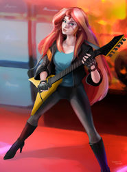 Size: 1477x2000 | Tagged: safe, artist:hardbrony, character:sunset shimmer, species:human, my little pony:equestria girls, badass, clothing, electric guitar, female, fingerless gloves, gloves, guitar, human coloration, humanized, leggings, looking at you, pants, solo, sunset shredder