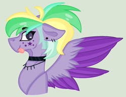 Size: 1018x785 | Tagged: safe, artist:space--paws0w0, oc, oc only, oc:sky 'strings' star, species:pegasus, species:pony, choker, clothing, ear piercing, earring, female, gray background, jewelry, mare, necklace, piercing, ponytail, simple background, socks, solo, striped socks, tattoo