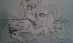 Size: 1024x615 | Tagged: safe, artist:envygirl95, character:fluttershy, character:princess luna, species:pony, ship:lunashy, female, lesbian, monochrome, prone, shipping, traditional art
