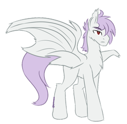 Size: 600x584 | Tagged: safe, artist:sinamuna, base used, oc, oc only, oc:laplace demon, species:bat pony, species:pony, bat wings, full body, male, purple hair, red eyes, simple background, solo, stallion, transparent background, white fur, wings