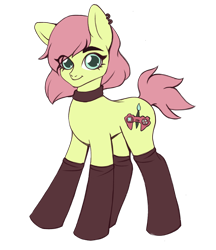 Size: 2737x3173 | Tagged: safe, artist:yasuokakitsune, oc, oc only, oc:gamybrush, species:earth pony, species:pony, 2019 community collab, derpibooru community collaboration, bushy brows, choker, clothing, piercing, simple background, smiling, solo, stockings, thigh highs, transparent background