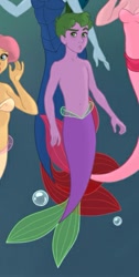 Size: 239x473 | Tagged: safe, artist:azaleasdolls, character:fluttershy, character:pinkie pie, character:rainbow dash, character:spike, cropped, fins, male, merboy, mermaid maker, merman, mermanized, offscreen character, tail, the little mermaid