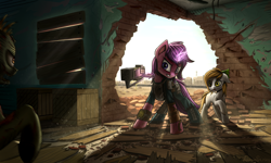 Size: 1500x900 | Tagged: safe, artist:adagiostring, oc, oc only, oc:amethyst heartstone, species:earth pony, species:pony, species:unicorn, fallout equestria, attack, backlighting, brick wall, commission, crepuscular rays, crossover, dust, fallout, fear, female, ghoul, gun, looking at each other, magic, mare, weapon