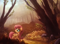 Size: 2000x1466 | Tagged: safe, artist:ajvl, character:fluttershy, species:pegasus, species:pony, female, forest, mare, scenery, solo, tree